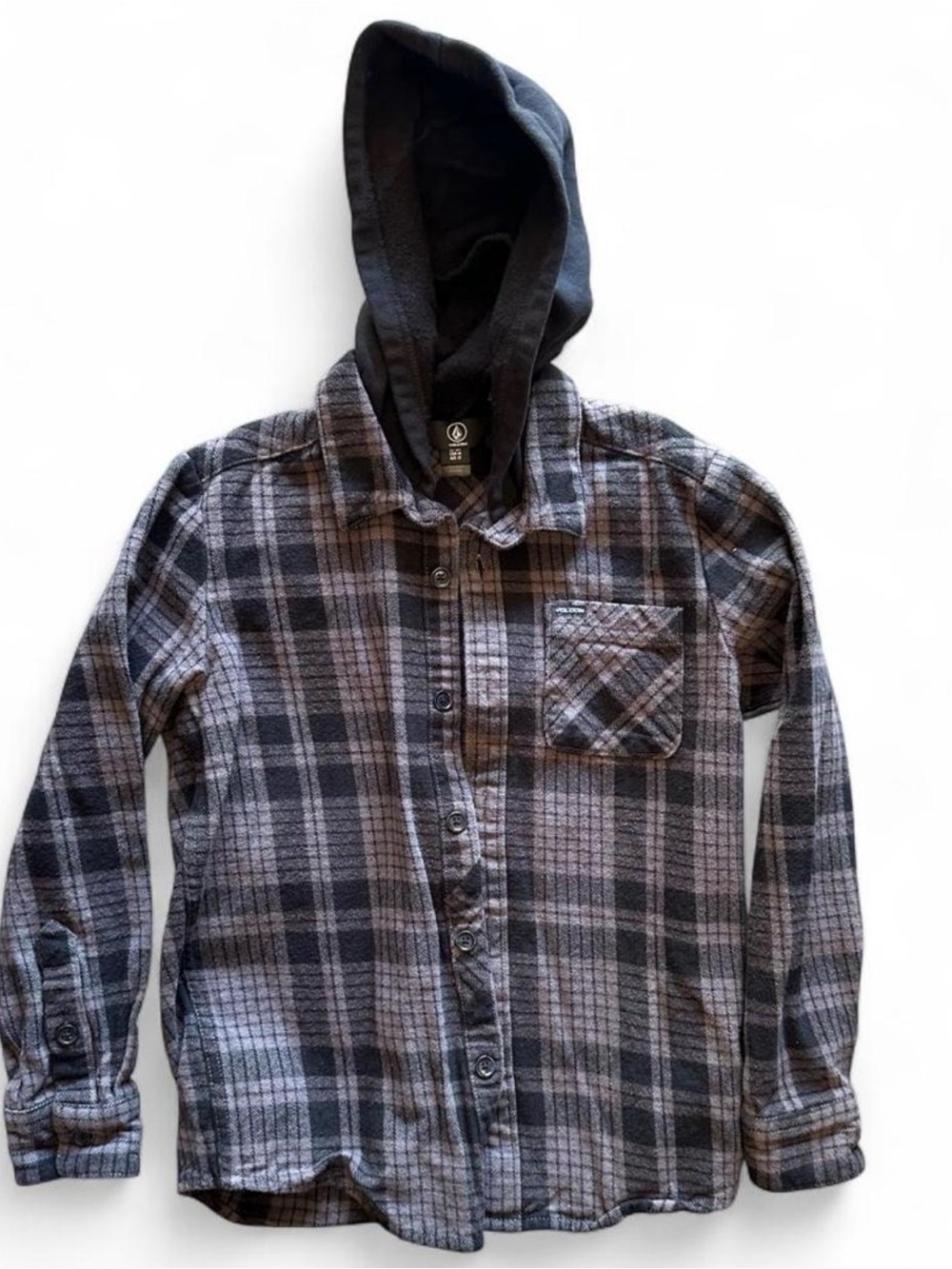 Volcom Black & Gray Plaid Hooded Button-Up Shirt Jacket
